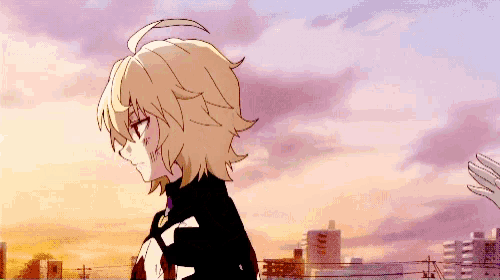 a cartoon character with blonde hair is standing in front of a city at sunset .