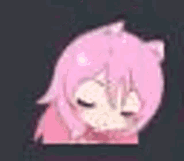 a close up of a pink anime girl with her eyes closed and a cat ear .
