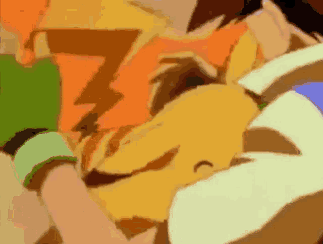 a close up of a cartoon character holding another character 's face