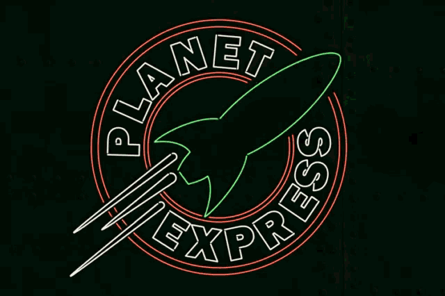 a neon sign that says planet express with a green rocket in the center