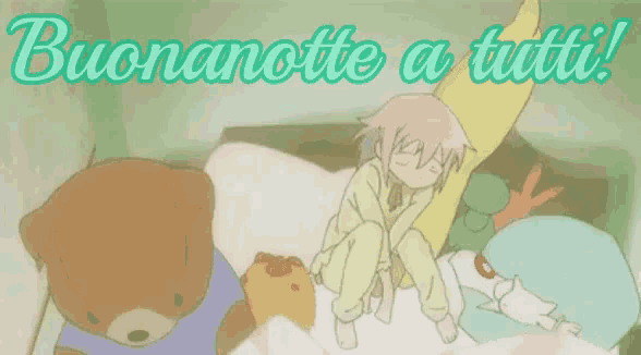 a cartoon of a girl laying in bed with stuffed animals and the words buonanotte a tutti written above her