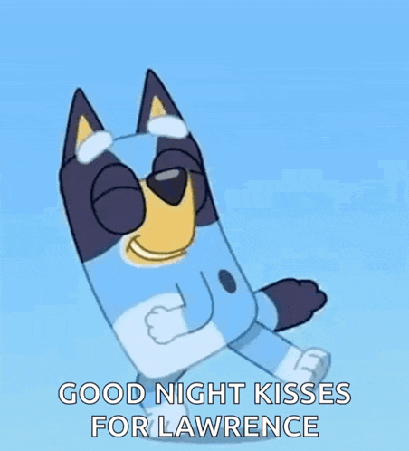 a cartoon dog is flying in the air with the words `` good night kisses for lawrence '' .