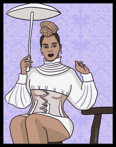 a drawing of a woman sitting on a chair holding an umbrella with the word pop on the bottom left