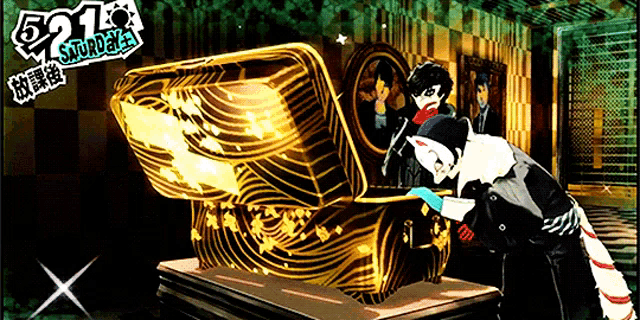 a video game character looking into a treasure chest with the number 5210 on the top