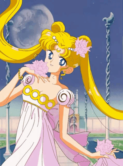 a cartoon of a woman in a white dress with flowers in her hair