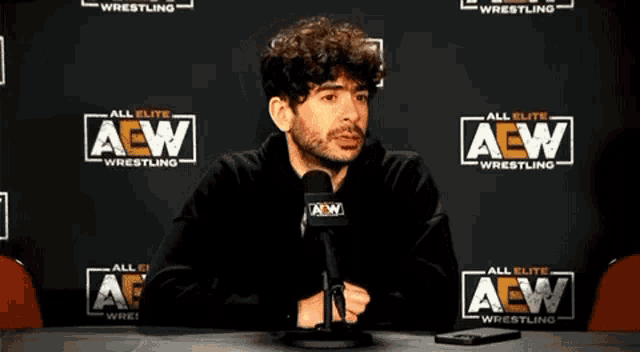 a man is talking into a microphone in front of a wall that says all elite wrestling
