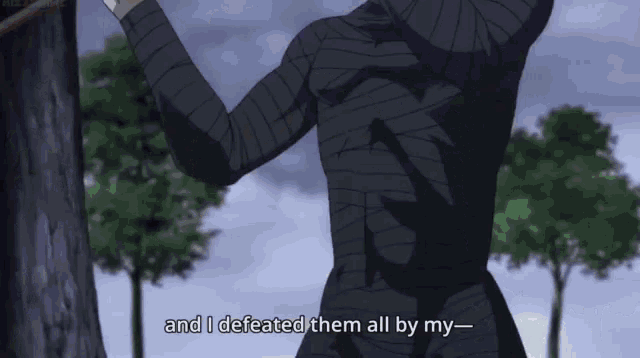 a person with bandages on their arms is holding a stick and says and i defeated them all by my