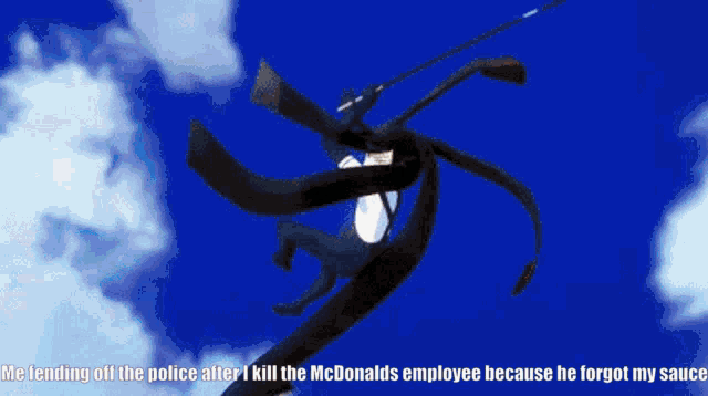 a cartoon of a man holding a sword with the caption me lending off the police