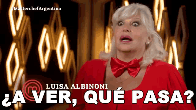 a woman in a red dress with a red bow tie and the words luisa albinoni a ver que pasa