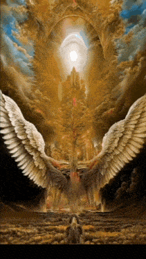 a painting of angels with their wings outstretched in a cloudy sky