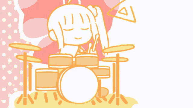 a drawing of a girl playing drums with a pink background