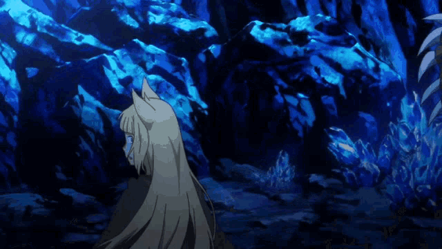 a girl with a cat ear stands in a cave
