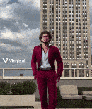 a man in a red suit is standing on a balcony with a viggle.ai advertisement in the background