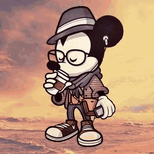 a cartoon of mickey mouse wearing glasses and a hat drinking from a cup