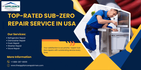 an advertisement for the appliance repairmen shows a man working on a fridge