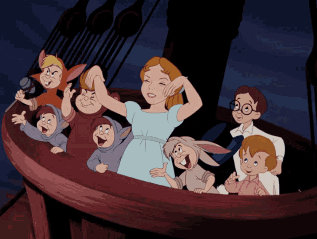 a group of cartoon characters are on a boat and one of them has glasses