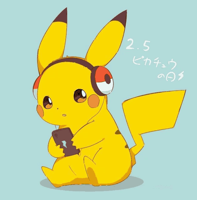 a drawing of a pikachu wearing headphones with 2.5 written below it