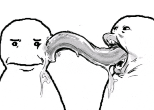 a black and white drawing of a person with a long tongue sticking out of their mouth