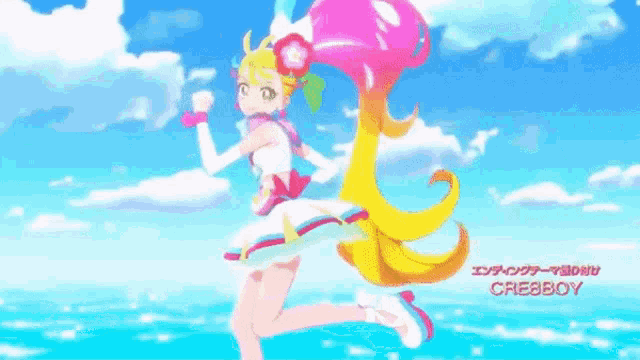 a cartoon girl with a pink flower in her hair is standing next to a dog in front of the ocean .