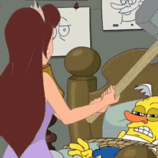 a woman in a purple dress is standing next to a bed with a duck on it