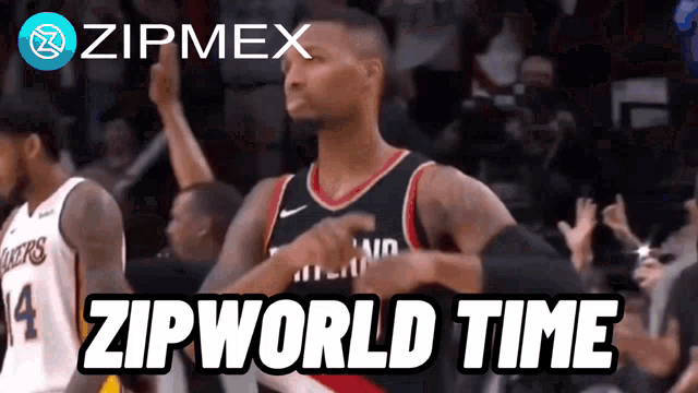 a basketball player celebrates with the words zipmex zipworld time