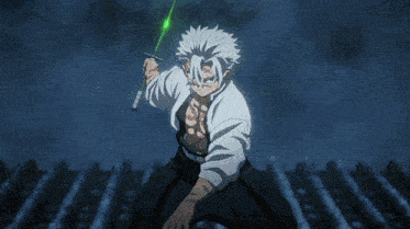 a cartoon character is holding a green sword in his hand