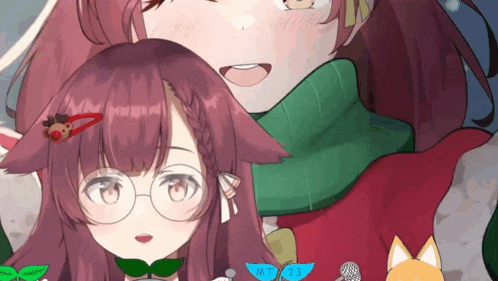 a drawing of a girl with glasses and a scarf that says nt 2.2 on it