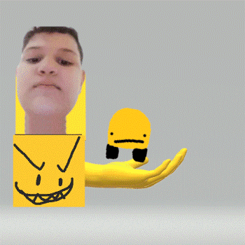 a man 's head is sticking out of a yellow box with a sad face on it