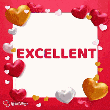 a red background with hearts and the word excellent