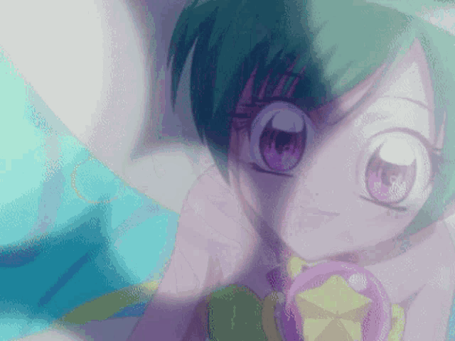 a girl with green hair and purple eyes is wearing a star necklace