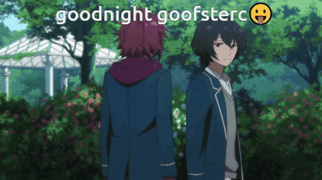 two anime characters standing next to each other with the words goodnight goofsterc
