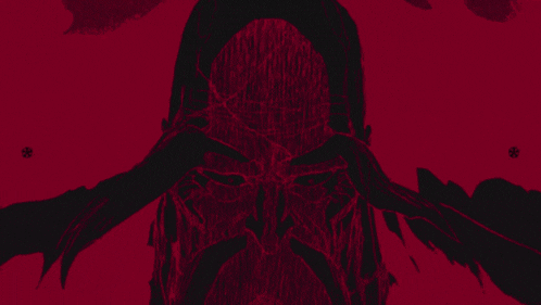 a black and white drawing of a person 's face on a red background