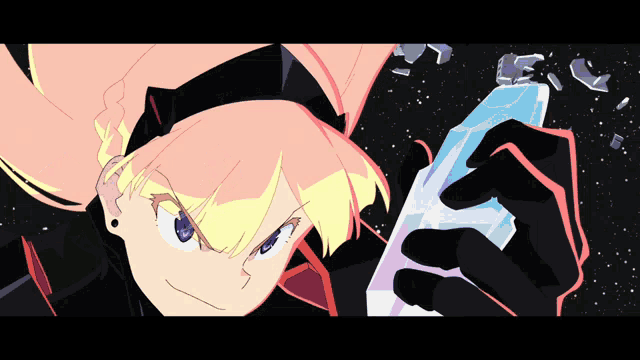 a girl with blonde hair and blue eyes is holding a piece of ice