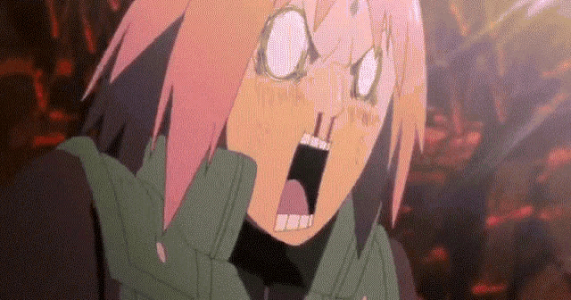 a cartoon girl with pink hair is making a surprised face with her mouth open .