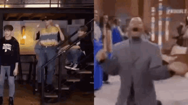 a group of people are standing on stairs and a group of people are dancing on a stage .