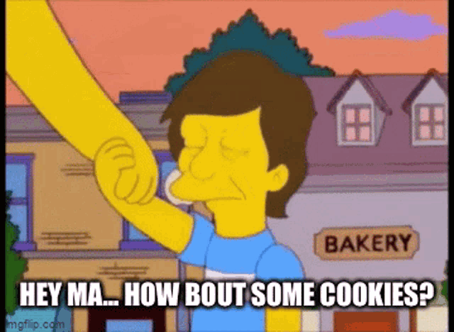 a cartoon character with a bakery sign in the background