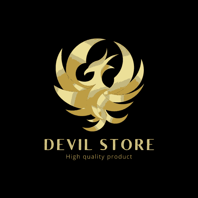 a logo for devil store high quality product with a gold phoenix on a black background