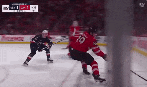 a hockey game between the usa and canada is being played