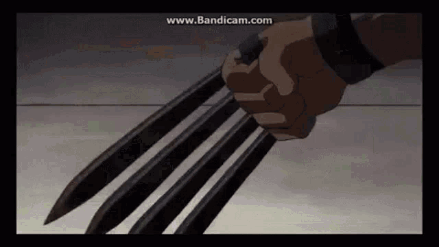 a close up of a person 's hand holding a pair of knives .