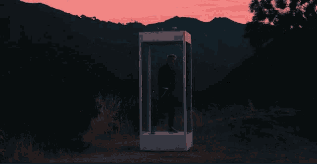 a man in a suit is standing in a phone booth in the middle of a field