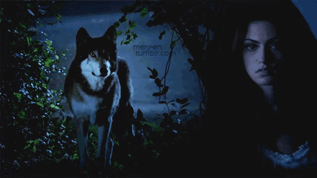 a picture of a woman and a wolf with the words menyen tumblr.com in the background