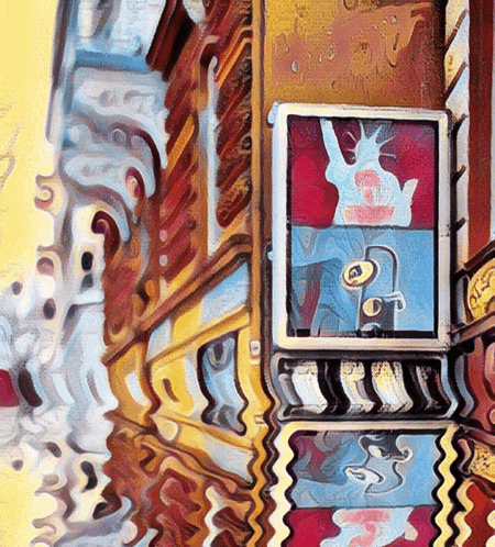 a painting of a building with a statue of liberty on the side