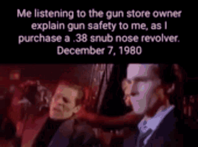 a man is listening to a gun store owner explain gun safety to him as he purchases a 38 snub nose revolver .