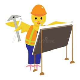 a cartoon illustration of a chicken wearing a hard hat and safety vest holding a hammer and a ruler .