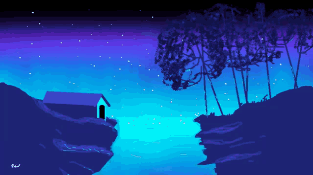 a painting of a house on a cliff by a body of water