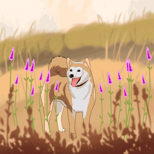 a drawing of a dog standing in a field of purple flowers