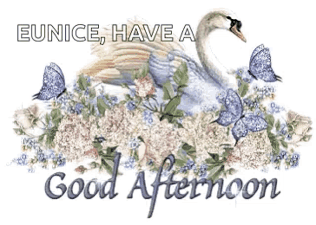 a picture of a swan surrounded by flowers and butterflies with the caption eunice have a good afternoon