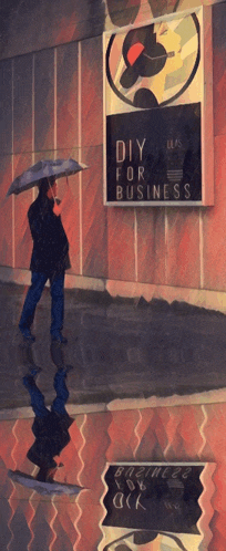 a painting of a person walking in front of a sign that says " diy for business "