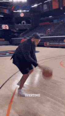 a man is dribbling a basketball on a basketball court with the word overtime written on the bottom
