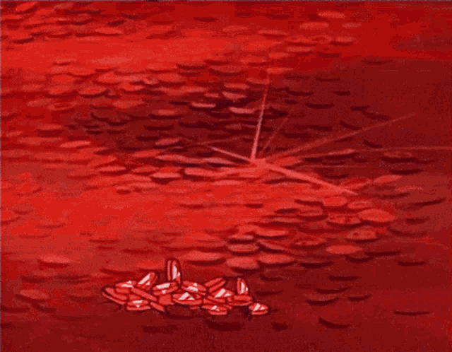 a cartoon of a duck surrounded by red coins on a red background